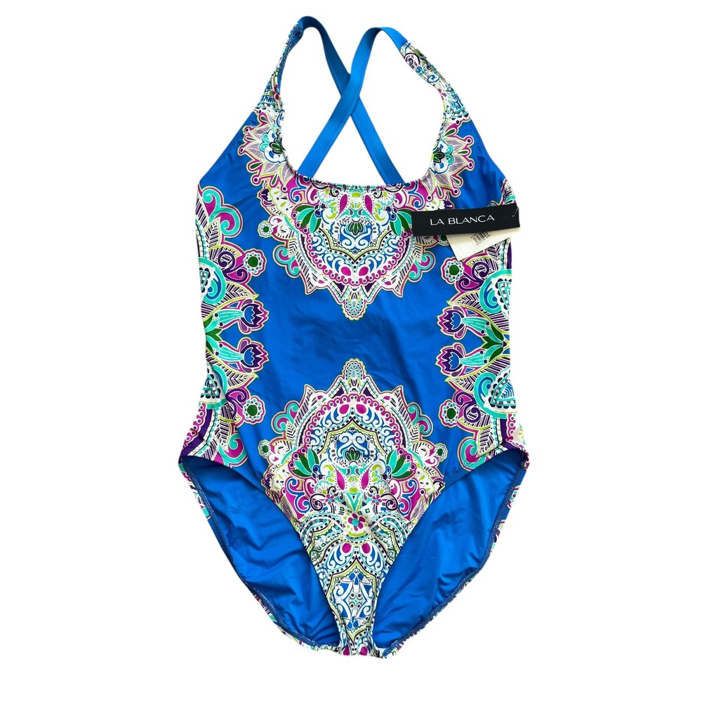 La Blanca Womens Blue Medallion Paisley One Piece Swimsuit Tummy Control‎ 14 NEW